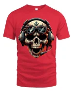 Skull Pilot Headset Graphic Tshirt Fierce Gamer Style Art Tee - red t-shirt on white background