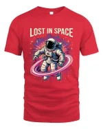 Lost In Space Astronaut Graphic Tshirt Retro Galaxy Art Tee - red t-shirt on white background