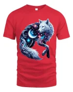 Cosmic Moon Wolf Graphic Tshirt Galaxy Spirit Animal Art Tee - red t-shirt on white background