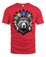 Tribal Bear Headdress Feather Art Graphic Tshirt Powerful Spirit Tee - red t-shirt on white background