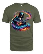 Flaming Guitar Reaper Graphic Tshirt Rock Music Fantasy Art Tee - military green t-shirt on white background