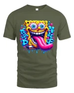 Crazy Sponge Cartoon Graphic Tshirt Trippy Funny Art Tee - military green t-shirt on white background