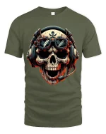 Skull Pilot Headset Graphic Tshirt Fierce Gamer Style Art Tee - military green t-shirt on white background