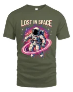 Lost In Space Astronaut Graphic Tshirt Retro Galaxy Art Tee - military green t-shirt on white background
