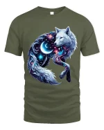 Cosmic Moon Wolf Graphic Tshirt Galaxy Spirit Animal Art Tee - military green t-shirt on white background