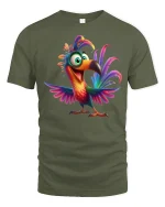 Colorful Happy Toucan Cartoon Graphic Tshirt Fun Tropical Art Tee - military green t-shirt on white background