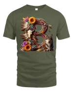 Boho Letter B Wolf Skull Floral Art Graphic Tshirt Nature Tee - military green t-shirt on white background