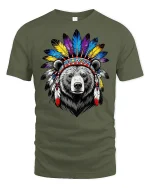 Tribal Bear Headdress Feather Art Graphic Tshirt Powerful Spirit Tee - military green t-shirt on white background