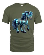 Glowing Fantasy Horse Graphic Tshirt Mystical Neon Art Tee - military green t-shirt on white background