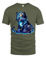 Glowing Spirit Tiger Cub Graphic Tshirt Neon Fantasy Art Tee - military green t-shirt on white background