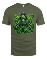 Toxic Gamer Skull Graphic Tshirt Neon Horror Gaming Art Tee - military green t-shirt on white background