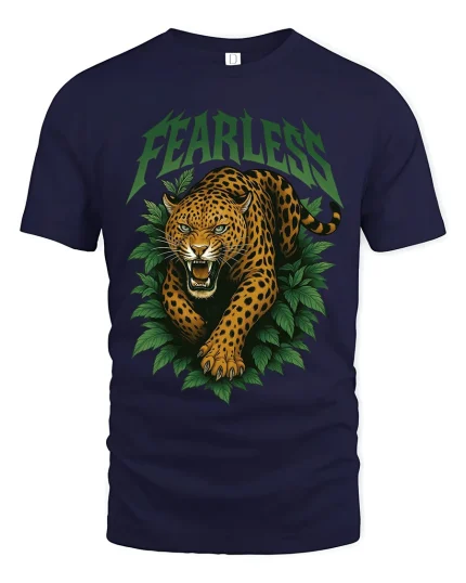 Fearless Leopard Graphic Tshirt Wild Jungle Power Art Tee - navy t-shirt on white background