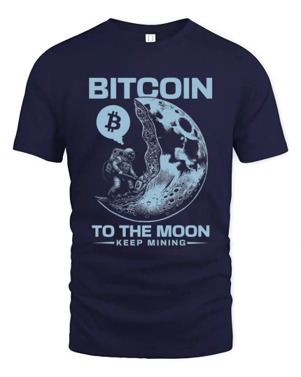 Bitcoin To The Moon Keep Mining Graphic Tshirt Crypto Space Tee - navy t-shirt on white background