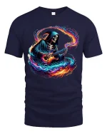 Flaming Guitar Reaper Graphic Tshirt Rock Music Fantasy Art Tee - navy t-shirt on white background
