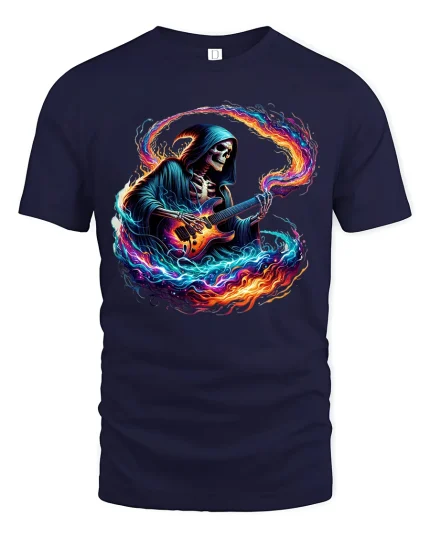 Flaming Guitar Reaper Graphic Tshirt Rock Music Fantasy Art Tee - navy t-shirt on white background