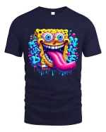 Crazy Sponge Cartoon Graphic Tshirt Trippy Funny Art Tee - navy t-shirt on white background