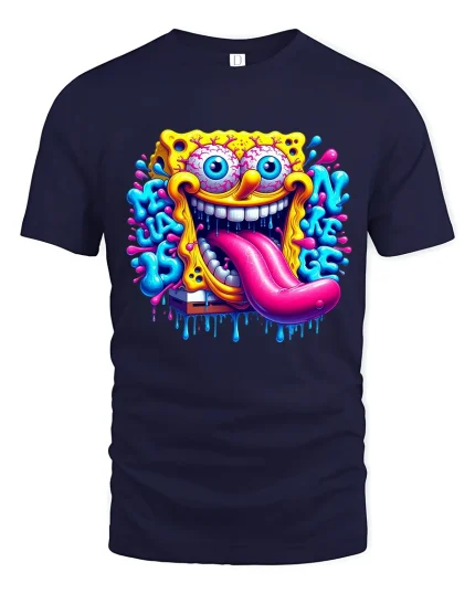 Crazy Sponge Cartoon Graphic Tshirt Trippy Funny Art Tee - navy t-shirt on white background