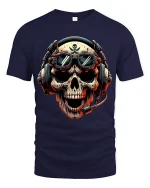 Skull Pilot Headset Graphic Tshirt Fierce Gamer Style Art Tee - navy t-shirt on white background