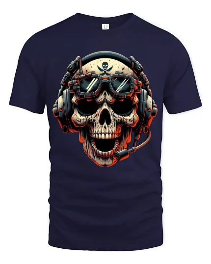 Skull Pilot Headset Graphic Tshirt Fierce Gamer Style Art Tee - navy t-shirt on white background