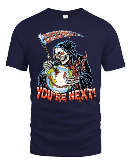 Doom Is Day Grim Reaper Graphic Tshirt Dark Horror Art Tee - navy t-shirt on white background