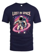 Lost In Space Astronaut Graphic Tshirt Retro Galaxy Art Tee - navy t-shirt on white background
