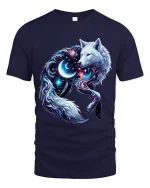 Cosmic Moon Wolf Graphic Tshirt Galaxy Spirit Animal Art Tee - navy t-shirt on white background