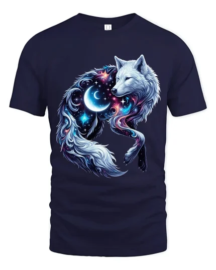 Cosmic Moon Wolf Graphic Tshirt Galaxy Spirit Animal Art Tee - navy t-shirt on white background