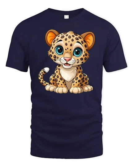 Cute Baby Leopard Cub Graphic Tshirt Adorable Cartoon Art Tee - navy t-shirt on white background