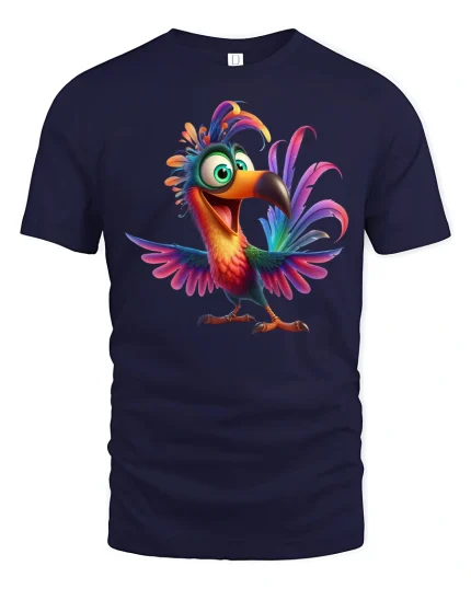 Colorful Happy Toucan Cartoon Graphic Tshirt Fun Tropical Art Tee - navy t-shirt on white background