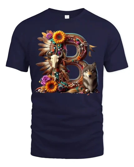 Boho Letter B Wolf Skull Floral Art Graphic Tshirt Nature Tee - navy t-shirt on white background