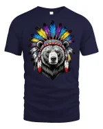 Tribal Bear Headdress Feather Art Graphic Tshirt Powerful Spirit Tee - navy t-shirt on white background