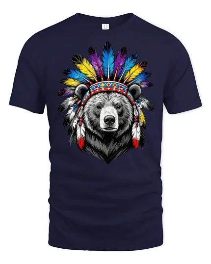 Tribal Bear Headdress Feather Art Graphic Tshirt Powerful Spirit Tee - navy t-shirt on white background