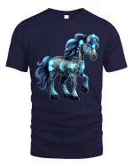Glowing Fantasy Horse Graphic Tshirt Mystical Neon Art Tee - navy t-shirt on white background