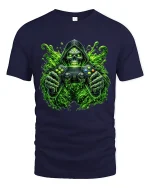 Toxic Gamer Skull Graphic Tshirt Neon Horror Gaming Art Tee - navy t-shirt on white background
