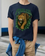 Fearless Leopard Graphic Tshirt Wild Jungle Power Art Tee - model wearing navy tee with hands in pockets