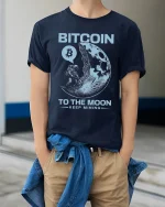 Bitcoin To The Moon Keep Mining Graphic Tshirt Crypto Space Tee - model wearing navy tee with hands in pockets