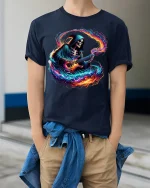 Flaming Guitar Reaper Graphic Tshirt Rock Music Fantasy Art Tee - model wearing navy tee with hands in pockets