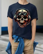 Skull Pilot Headset Graphic Tshirt Fierce Gamer Style Art Tee - model wearing navy tee with hands in pockets