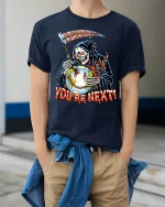 Doom Is Day Grim Reaper Graphic Tshirt Dark Horror Art Tee - model wearing navy tee with hands in pockets