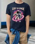 Lost In Space Astronaut Graphic Tshirt Retro Galaxy Art Tee - model wearing navy tee with hands in pockets