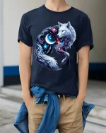 Cosmic Moon Wolf Graphic Tshirt Galaxy Spirit Animal Art Tee - model wearing navy tee with hands in pockets