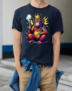 King Monkey Street Style Graphic Tshirt Funny Royal Art Tee - model wearing navy tee with hands in pockets