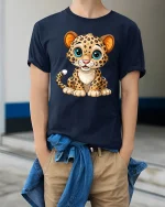 Cute Baby Leopard Cub Graphic Tshirt Adorable Cartoon Art Tee - model wearing navy tee with hands in pockets