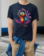 Colorful Happy Toucan Cartoon Graphic Tshirt Fun Tropical Art Tee - model wearing navy tee with hands in pockets