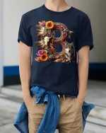 Boho Letter B Wolf Skull Floral Art Graphic Tshirt Nature Tee - model wearing navy tee with hands in pockets
