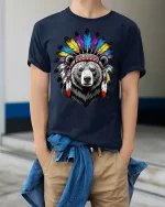 Tribal Bear Headdress Feather Art Graphic Tshirt Powerful Spirit Tee - model wearing navy tee with hands in pockets
