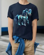 Glowing Fantasy Horse Graphic Tshirt Mystical Neon Art Tee - model wearing navy tee with hands in pockets