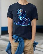 Glowing Spirit Tiger Cub Graphic Tshirt Neon Fantasy Art Tee - model wearing navy tee with hands in pockets