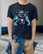 Mystic Flame Leopard Cub Graphic Tshirt Glowing Fantasy Art Tee - model wearing navy tee with hands in pockets