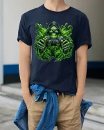 Toxic Gamer Skull Graphic Tshirt Neon Horror Gaming Art Tee - model wearing navy tee with hands in pockets